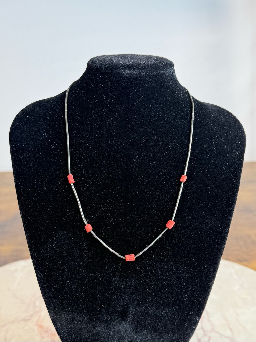 Navajo Indian Minimalist Red Bead Sterling-Color Necklace